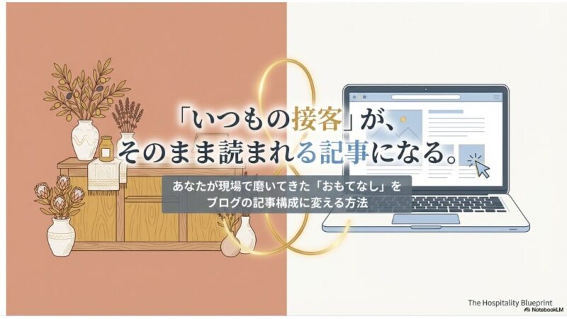 「いつもの接客」が、そのまま読まれる記事になる。あなたが現場で磨いてきた「おもてなし」をブログの記事構成に変える方法
